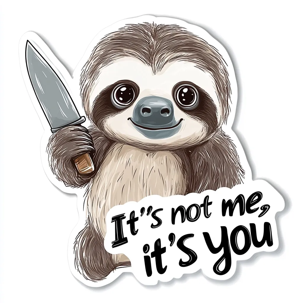 A cute cartoon sloth holds a knife, a mischievous grin on its face.  Below the sloth, the text "It's not me, it's you" is displayed in a playful, bold font. The image is designed as a sticker, with a white border around the illustration and text. The overall style is humorous and slightly dark.