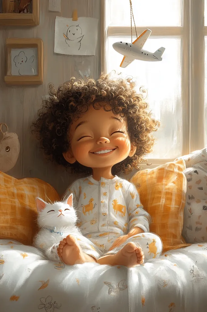 A smiling child with curly brown hair sits on a bed, nestled among pillows.  The child, wearing animal-print pajamas, beams contentedly as a small white kitten rests peacefully beside them. A tiny airplane hangs from the ceiling above, adding to the serene and joyful atmosphere of the illustrated scene. The room is softly lit, enhancing the overall warmth and tenderness of the image.