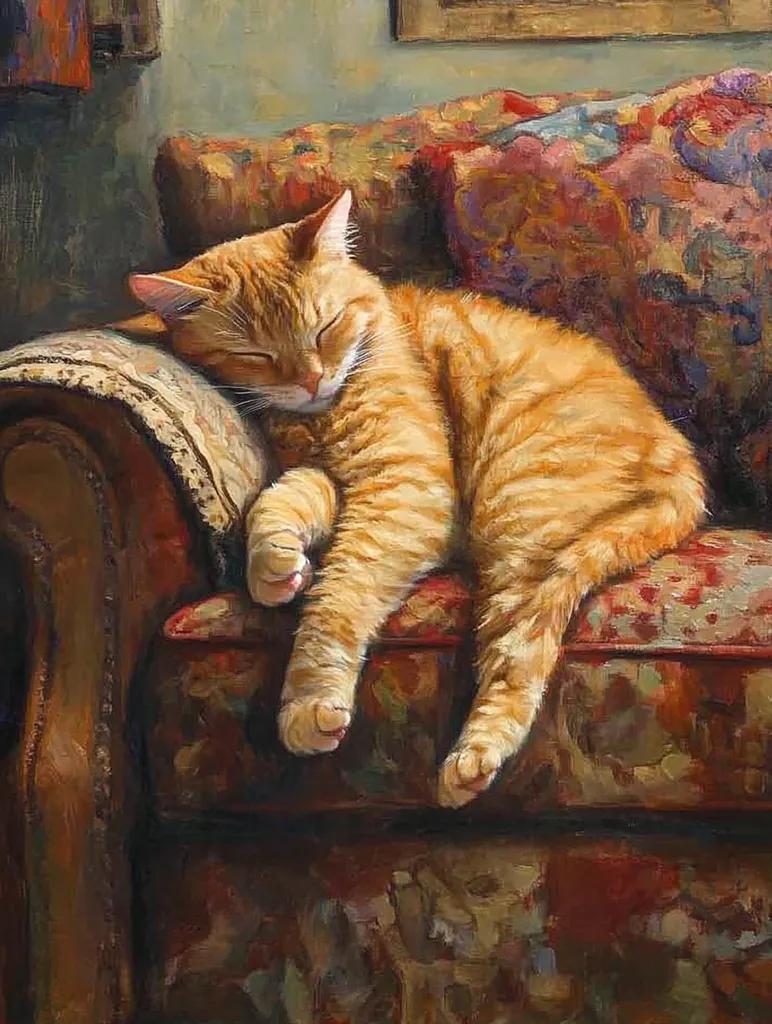 A painting depicts a ginger cat lounging comfortably on a richly patterned, antique-style armchair. The cat is asleep, its paws dangling over the armrest. The warm, muted tones of the painting emphasize the cozy atmosphere.  The artist skillfully renders the cat's fur texture and the intricate details of the chair's upholstery. The overall effect is one of quiet contentment and domestic tranquility.