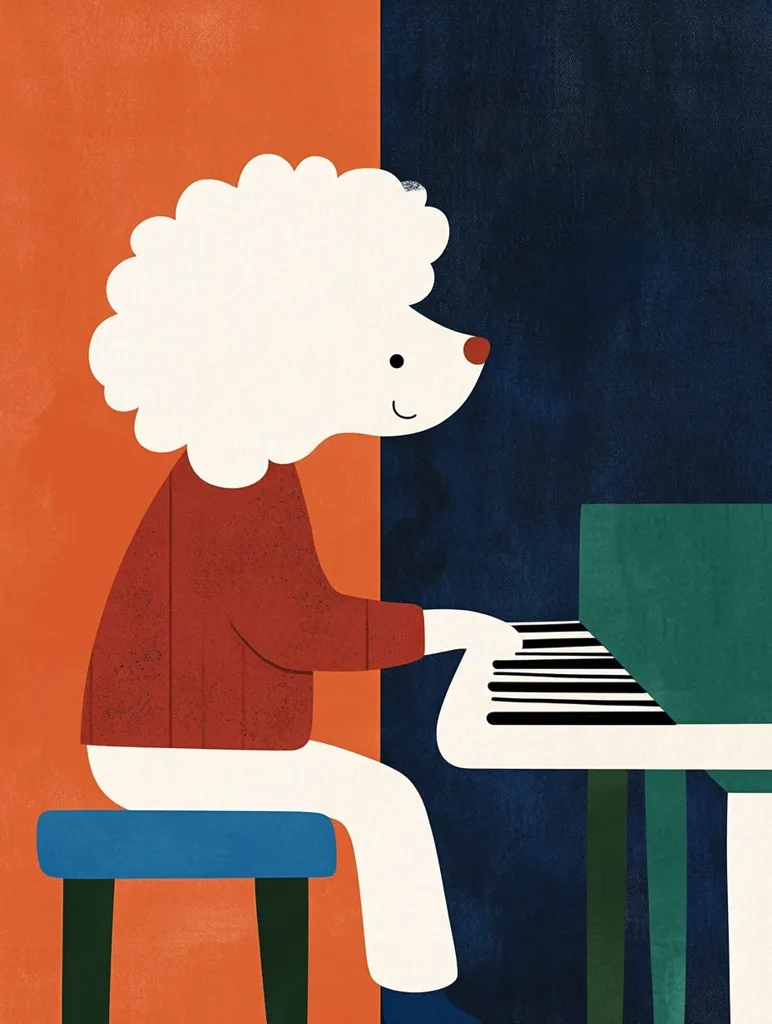 A stylized illustration depicts a fluffy white dog, resembling a poodle, seated on a small blue stool.  The dog, wearing a rust-colored sweater and white pants, is playing a piano with teal and white keys. The background is split between burnt orange and deep navy blue, creating a bold contrast. The overall style is minimalist and playful.