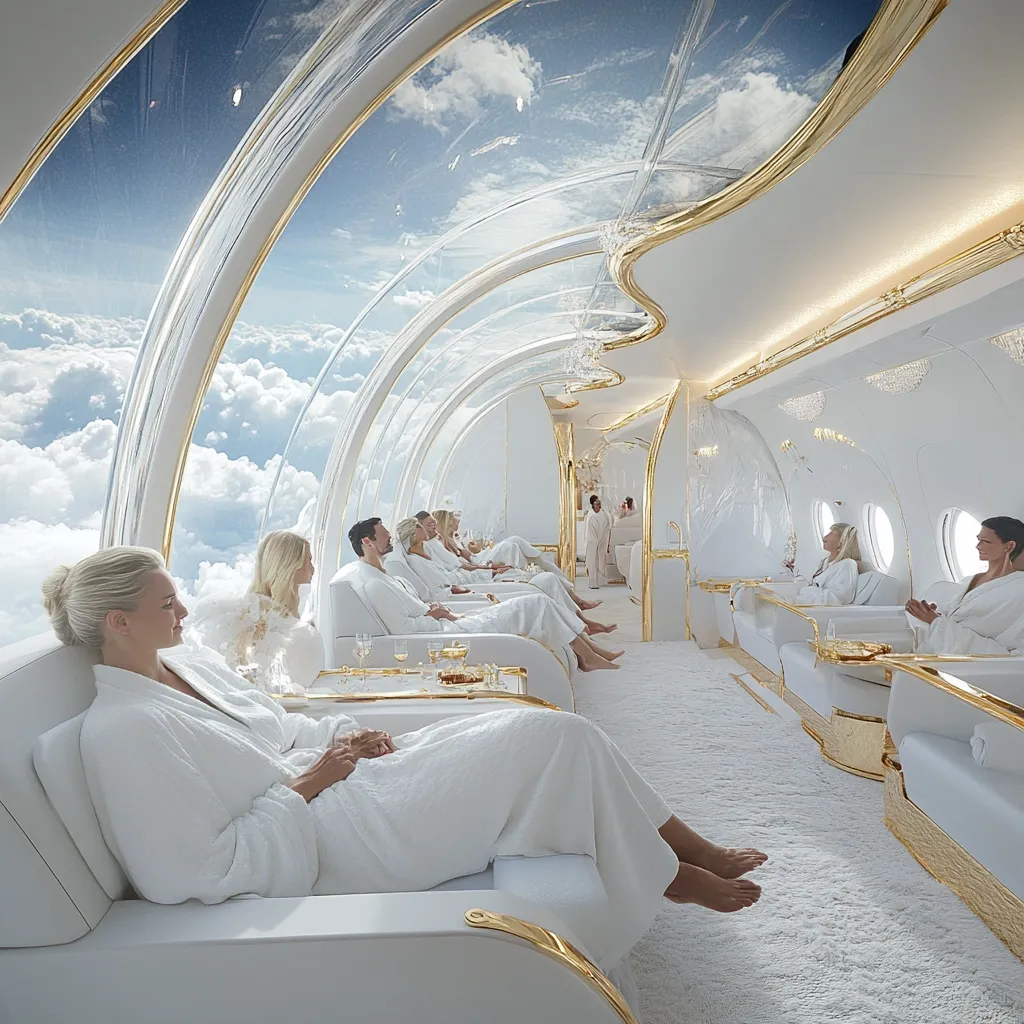 Luxurious spa aboard a private jet. Passengers in white robes relax in comfortable seating, enjoying a tranquil atmosphere.  Large windows offer breathtaking views of cloudscape. Gold accents and white interiors create an elegant and serene environment.  The scene evokes ultimate relaxation and opulence in mid-flight.