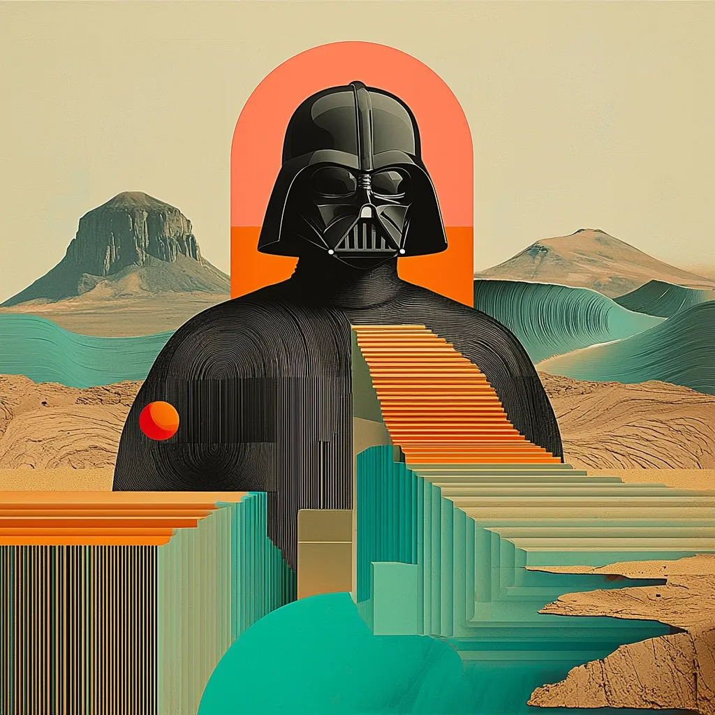 A digital art collage features Darth Vader's helmet and shoulders, positioned against a surreal desert landscape.  Geometric shapes and vibrant colors, including orange staircases and teal structures, create an abstract and stylized background.  The overall style is a blend of pop art and surrealism, juxtaposing the iconic Star Wars figure with a fantastical, almost dreamlike setting. The piece evokes a sense of mystery and grandeur.