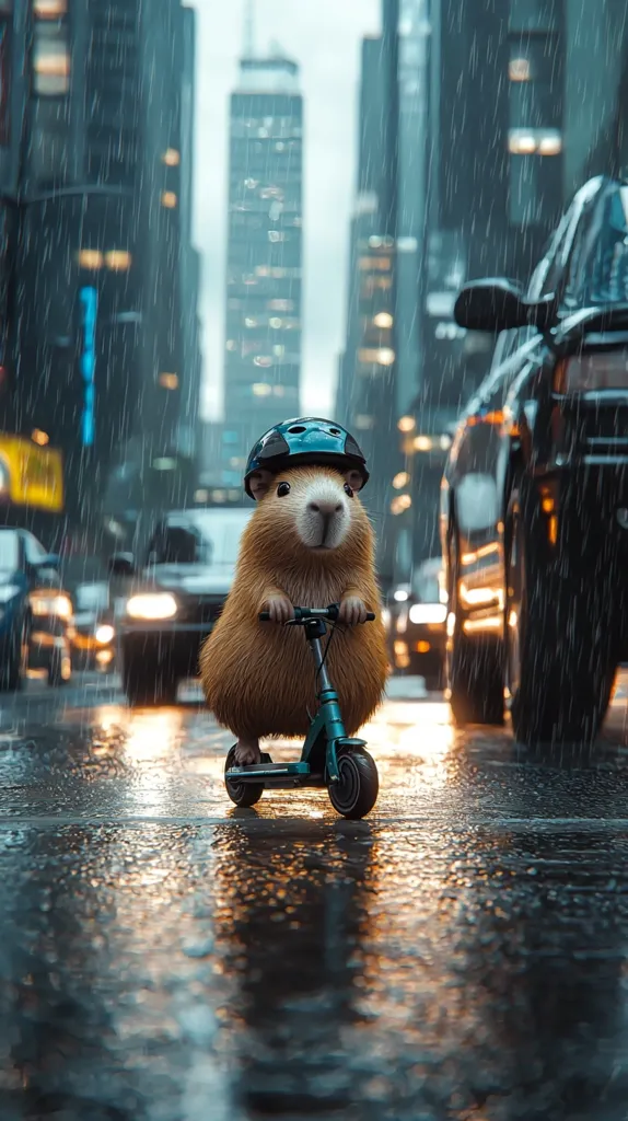 A guinea pig wearing a helmet rides a scooter on a rain-slicked city street.  Tall buildings blur in the background under a heavy downpour.  The guinea pig appears small against the backdrop of cars and skyscrapers, creating a whimsical contrast.  The scene is both urban and charmingly unusual.