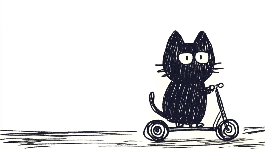 A hand-drawn illustration of a black cat riding a scooter. The cat is depicted in a simple, childlike style with scribbled fur and large, expressive eyes.  The scooter is equally simplistic, with circular wheels and a basic frame.  The background is mostly white with a lightly sketched ground line. The overall style is whimsical and cute.