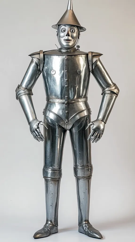 A full-body depiction of the Tin Man from "The Wizard of Oz."  The figure is meticulously crafted from metal, showcasing a detailed suit of armor complete with a conical hat.  Its metallic surface reflects light, emphasizing the craftsmanship. The Tin Man's facial features are clearly visible, expressing a neutral yet slightly curious demeanor.  The pose is relaxed, with hands at the sides.