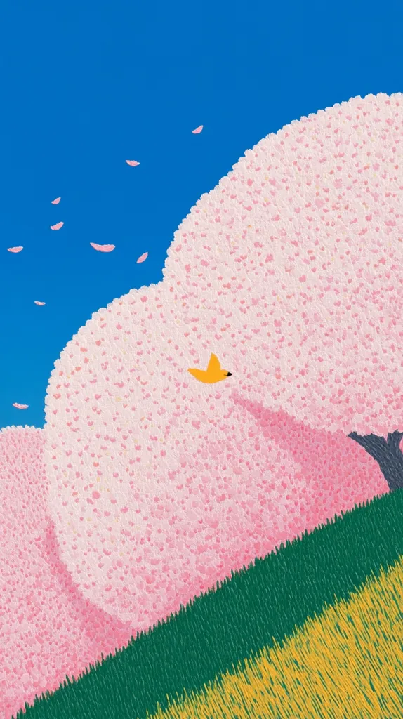 A vibrant illustration depicts a serene landscape under a clear blue sky.  Two large, stylized cherry blossom trees dominate the foreground, their pink blooms rendered in a pointillist style.  A small, yellow bird flies near the trees.  The base of the trees transitions into a textured green and gold field, adding depth and contrast to the scene.  Falling petals add a delicate touch to the overall composition.