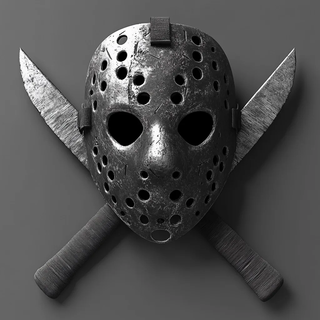 A weathered hockey mask, reminiscent of horror films, is centrally positioned against a gray backdrop.  Two large, worn machetes are crossed behind the mask, their dull blades extending outward. The monochrome image creates a stark, ominous atmosphere, emphasizing the mask's menacing presence and the overall sense of danger.
