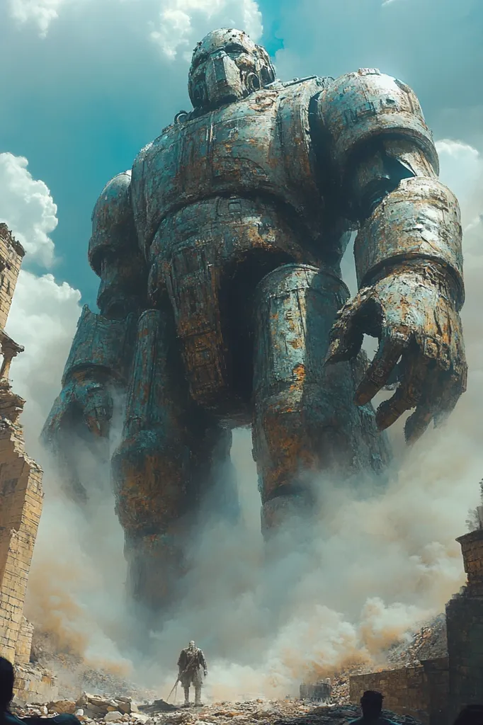 A colossal, weathered metal golem dominates a desolate landscape, its immense form shrouded in dust and mist.  A lone, armored figure stands dwarfed before it, seemingly facing an overwhelming presence.  The scene suggests a post-apocalyptic or fantasy setting, with ruined structures hinting at a lost civilization. The golem’s imposing size and the figure's small stature create a stark contrast of power and vulnerability.
