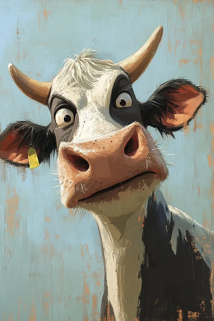 A close-up painting of a cow's face, rendered in a stylized, painterly manner.  The cow has large, expressive eyes and a curious expression.  Its black and white markings are clearly defined, and the texture of the paint is visible.  A yellow tag hangs from its ear. The background is a muted blue-green. The overall style is humorous and slightly cartoonish.