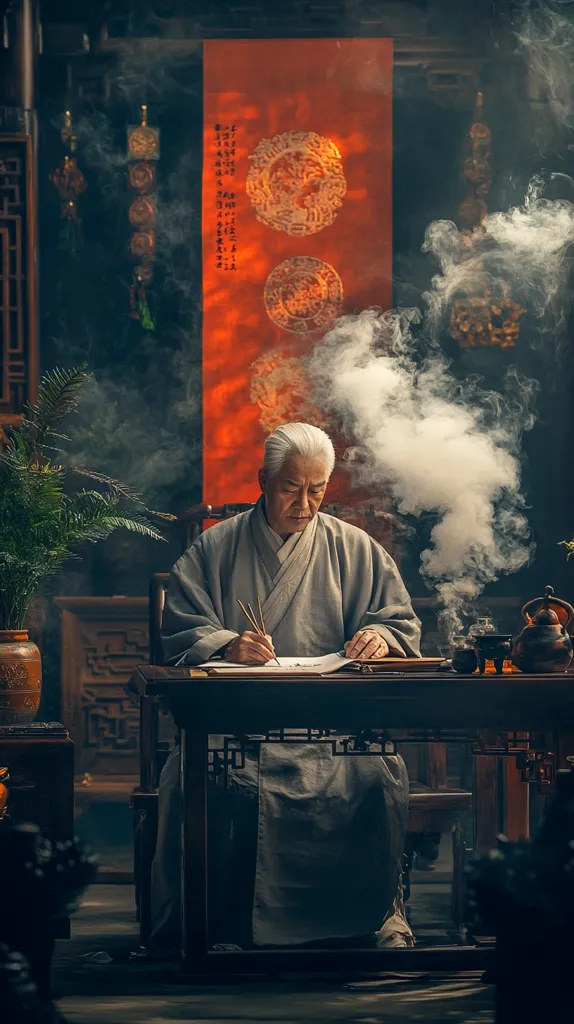 An elderly man with silver hair, dressed in traditional gray robes, sits at a dark wooden desk in a dimly lit room.  Incense smoke curls around him as he meticulously writes with brushes on an open scroll.  The background features a large orange hanging scroll with ornate circular designs and Chinese characters, creating a serene and atmospheric scene reminiscent of a scholar's study.  The overall mood is contemplative and peaceful.