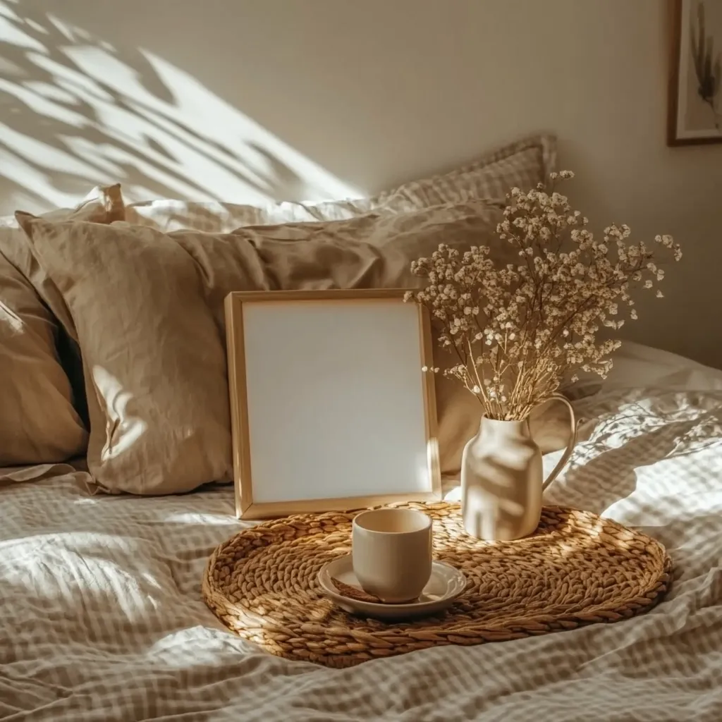 A cozy bedroom scene bathed in sunlight.  Neutral-toned bedding is arranged with pillows, a blank framed picture, and a small vase of dried flowers. A cup and saucer sit on a woven tray, adding to the tranquil and minimalist aesthetic.  Sunlight casts dappled shadows across the bed linens, enhancing the serene atmosphere.