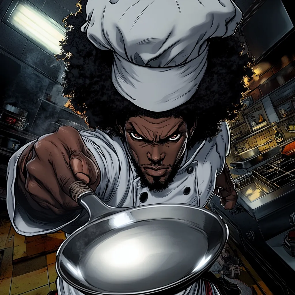 A stylized illustration of a Black chef, intensely focused.  He wears a chef's hat and jacket, his dark afro prominent.  He holds a frying pan forward, his expression fierce and determined.  The background suggests a busy, dimly lit professional kitchen. The style is reminiscent of graphic novels or comic books, with bold lines and dramatic shading.