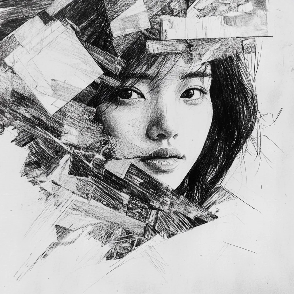 A striking monochromatic pencil sketch portrays a woman's face partially obscured by a chaotic overlay of fragmented shapes and lines.  The woman's expression is serene, her dark hair framing her features. The contrast between the soft rendering of her face and the sharp, textured background creates a visually arresting interplay of calm and turmoil. The overall style suggests a blend of realism and abstract expressionism.