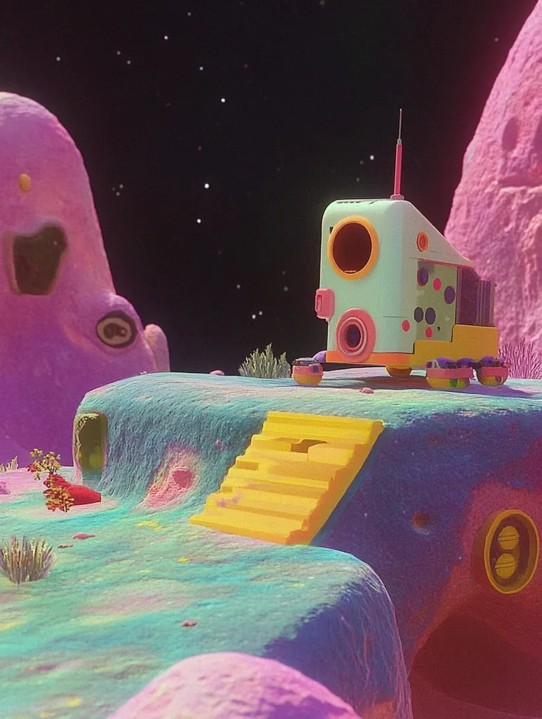 A whimsical, pastel-colored alien landscape features a small, boxy spacecraft perched atop a rocky outcrop.  A bright yellow staircase leads up to the craft.  Surrounding the scene are oddly shaped, vibrant pink and purple formations resembling organic growths against a dark, starry sky. The overall style is playful and surreal.