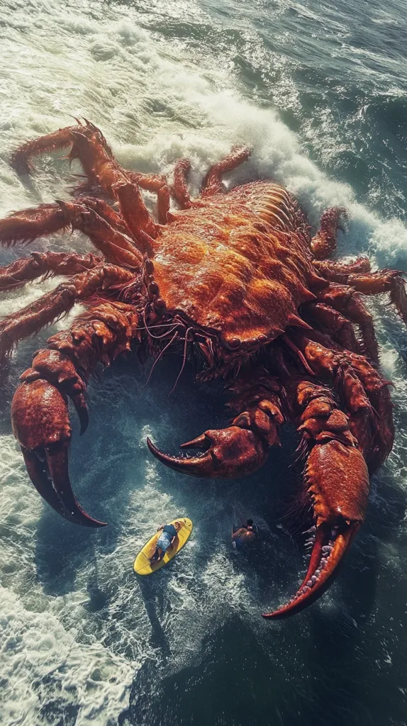 An enormous, reddish-brown crab, seemingly colossal in size, emerges from the ocean waves.  Two surfers, unaware of the immense creature's presence, paddle nearby on their boards. The contrast between the surfers' small scale and the monstrous crab creates a dramatic and surreal scene of unexpected proportions.  The waves churn around the crab, adding to the awe-inspiring and slightly terrifying spectacle.