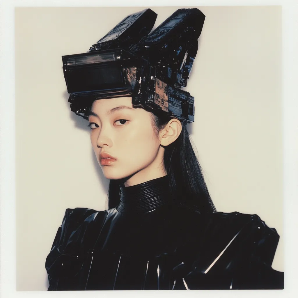 A young woman with dark hair and pale skin models a futuristic headdress crafted from what appears to be black, textured plastic. The headdress resembles a complex arrangement of cameras or technological devices. She wears a sleek, black high-necked top with puffed shoulders, creating a striking contrast with the avant-garde headpiece. The image is styled with a polaroid aesthetic.