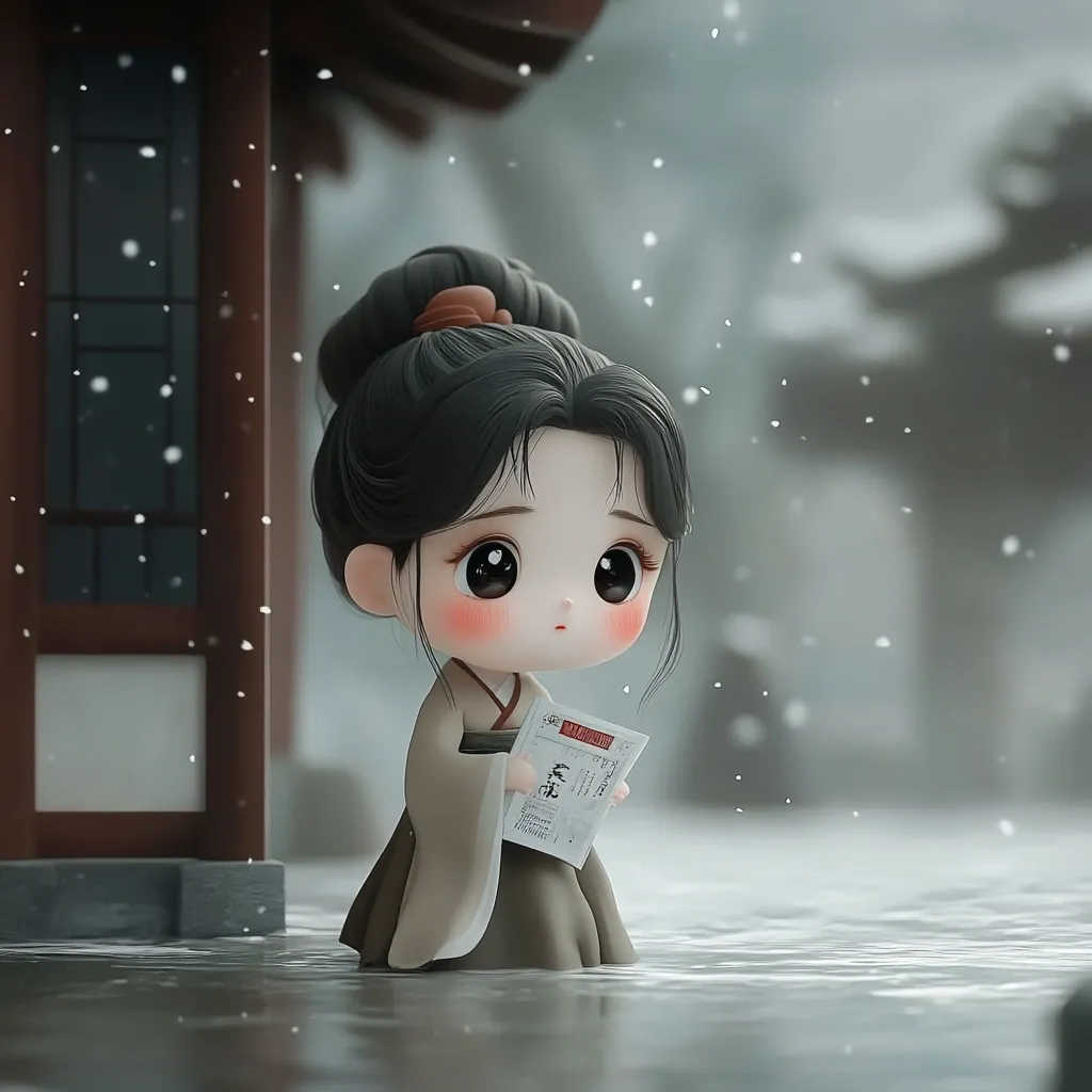 A cute, chibi-style anime girl with large eyes and rosy cheeks stands in the snow.  She wears a traditional-style Asian dress and holds a paper scroll.  The background features a blurred, snowy scene with a traditional-looking building.  The overall aesthetic is soft, delicate, and melancholic.  Snow gently falls around her.