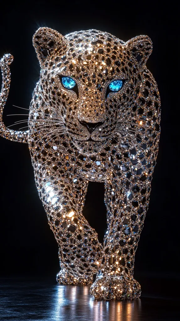 A stunning jeweled jaguar sculpture commands attention.  Its body is meticulously crafted from thousands of glittering, faceted crystals, creating a dazzling, almost shimmering effect.  Bright blue eyes add a captivating contrast to the metallic sheen.  The jaguar is depicted mid-stride, its elegant form powerfully presented against a black background.