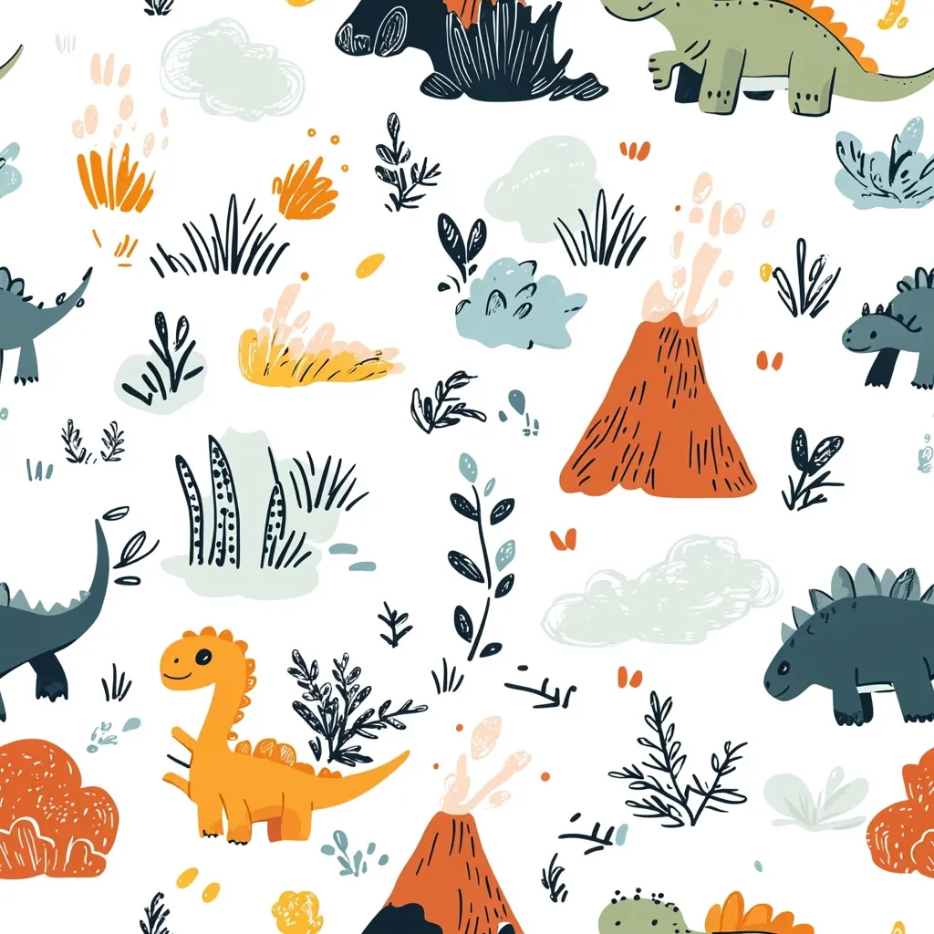 A whimsical, childlike pattern features various dinosaurs in orange, green, and dark blue, amidst erupting volcanoes, stylized plants, and clouds.  The dinosaurs are simple, cartoonish designs, and the overall aesthetic is playful and colorful, suitable for children's apparel or home décor. The background is white, allowing the vibrant dinosaur world to stand out.