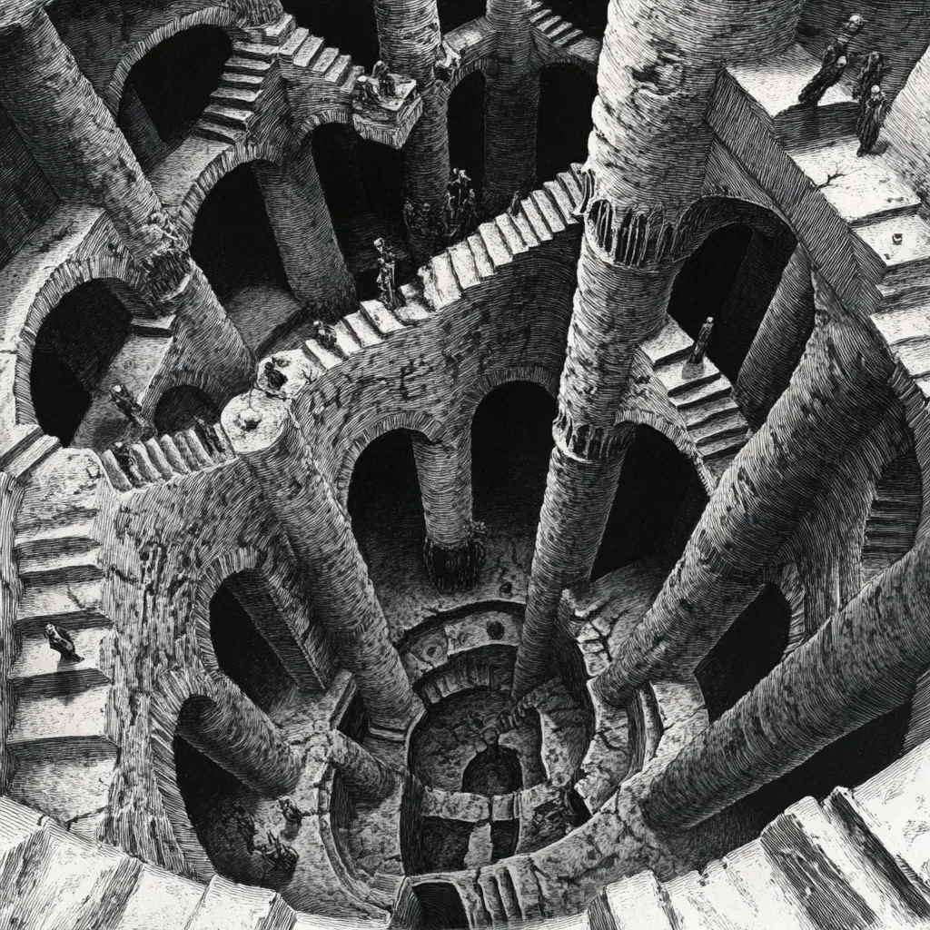 A black and white illustration depicts a complex, spiraling stone structure, possibly a well or tower.  Numerous arched hallways and stairways wind upwards and downwards, creating a dizzying effect.  Small figures are scattered throughout the structure, emphasizing its immense scale and labyrinthine nature. The detailed etching style showcases the texture and depth of the stonework. The overall impression is one of intricate complexity and potential disorientation.