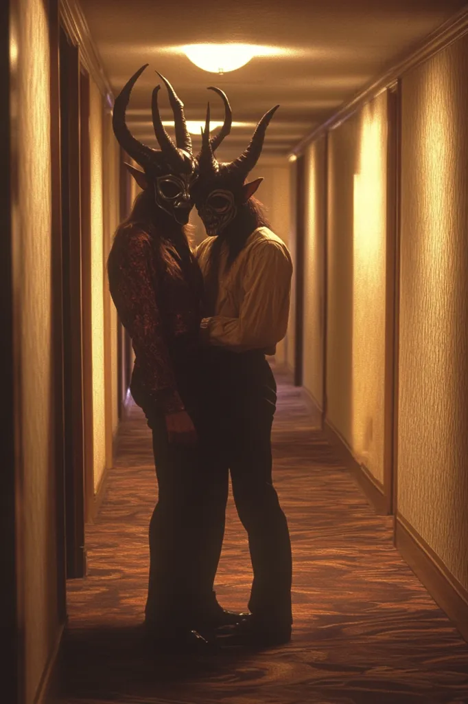 Two figures stand close together in a dimly lit hotel corridor.  They wear elaborate, horned masks resembling demons or devils. The masks obscure their faces, creating an air of mystery.  The warm lighting casts shadows, enhancing the dramatic effect of the scene.  The couple's embrace and the eerie masks create a visually striking and slightly unsettling image.