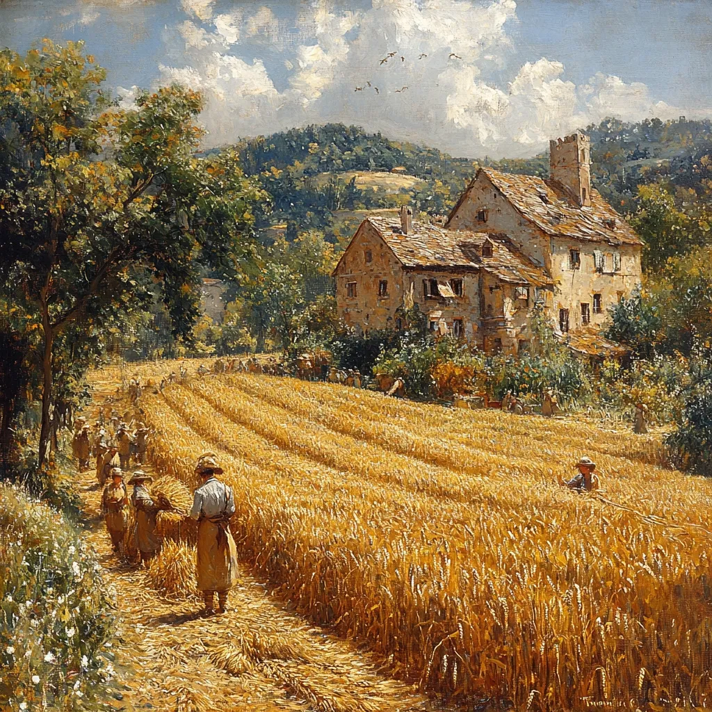 A sun-drenched rural landscape depicts a large wheat field where numerous figures harvest the golden crop.  Rows of cut wheat stretch towards a stone farmhouse nestled in a verdant hillside.  The scene is peaceful, suggesting a bustling yet tranquil harvest day under a bright sky. Birds fly overhead, adding to the idyllic ambiance.