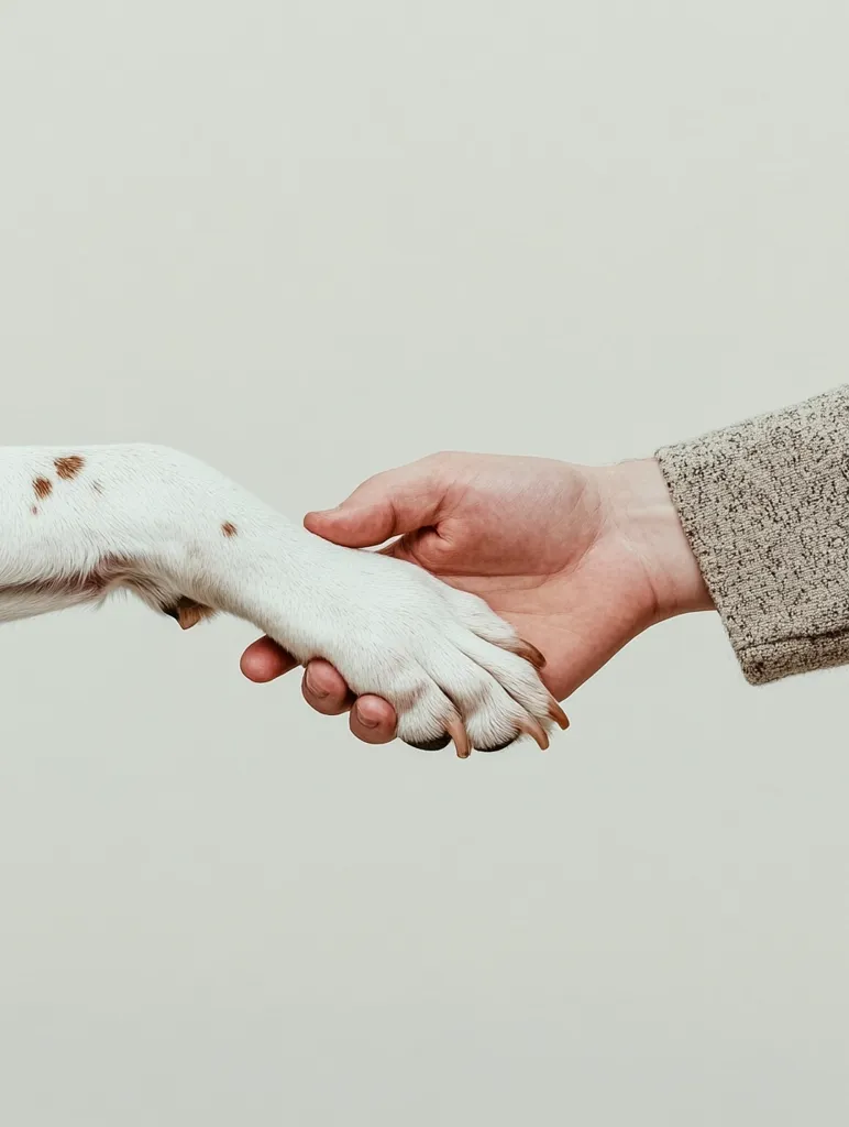 A heartwarming image shows a dog's paw gently clasped in a human hand.  The dog's paw is white with brown spots, contrasting with the fair skin of the human hand.  The simple background emphasizes the connection between human and animal, symbolizing loyalty, friendship, and companionship. The scene is peaceful and evokes a sense of calm.