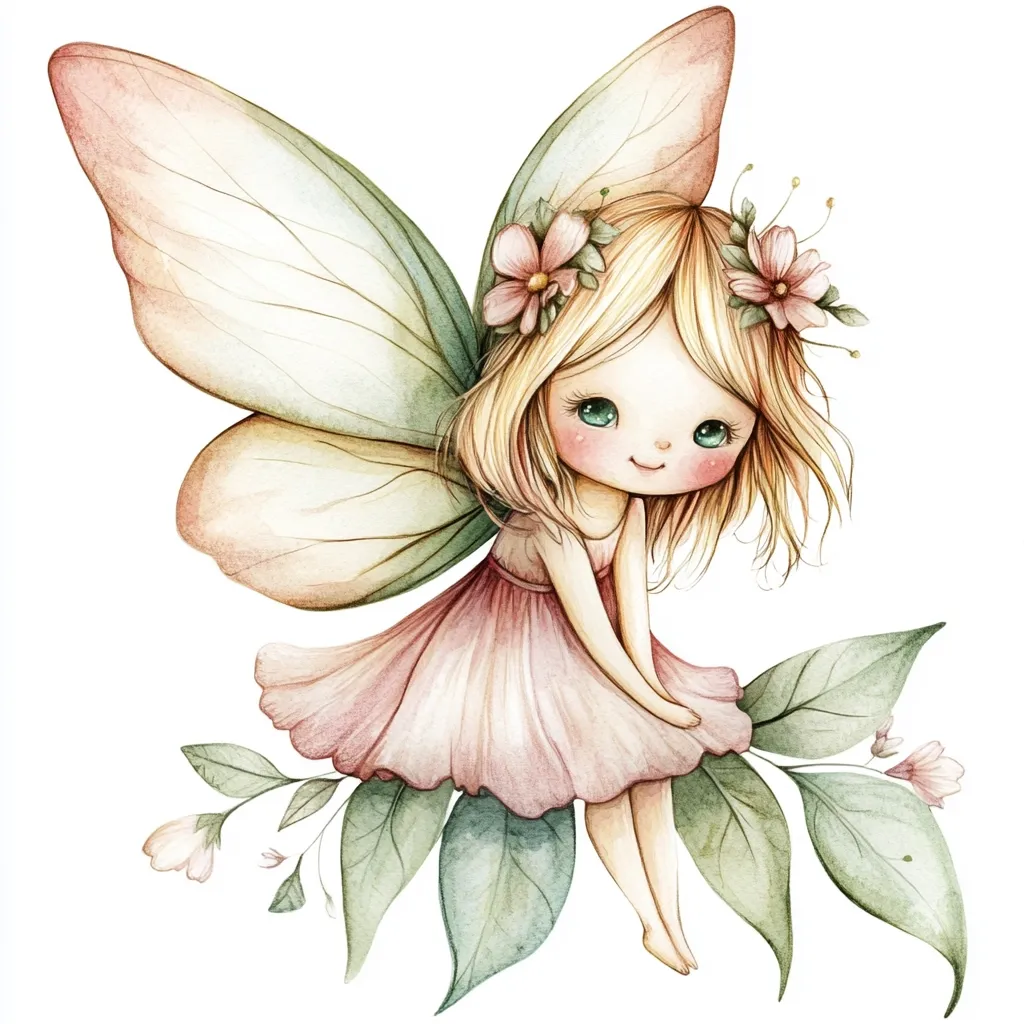 A watercolor illustration of a cute fairy.  She has blonde hair adorned with pink flowers, large green eyes, and delicate pink dress.  Her large, pastel-colored wings are reminiscent of a butterfly. She sits perched on lush green leaves and smaller pink blossoms, creating a whimsical, magical scene. The style is soft, dreamy, and perfect for children's illustrations.