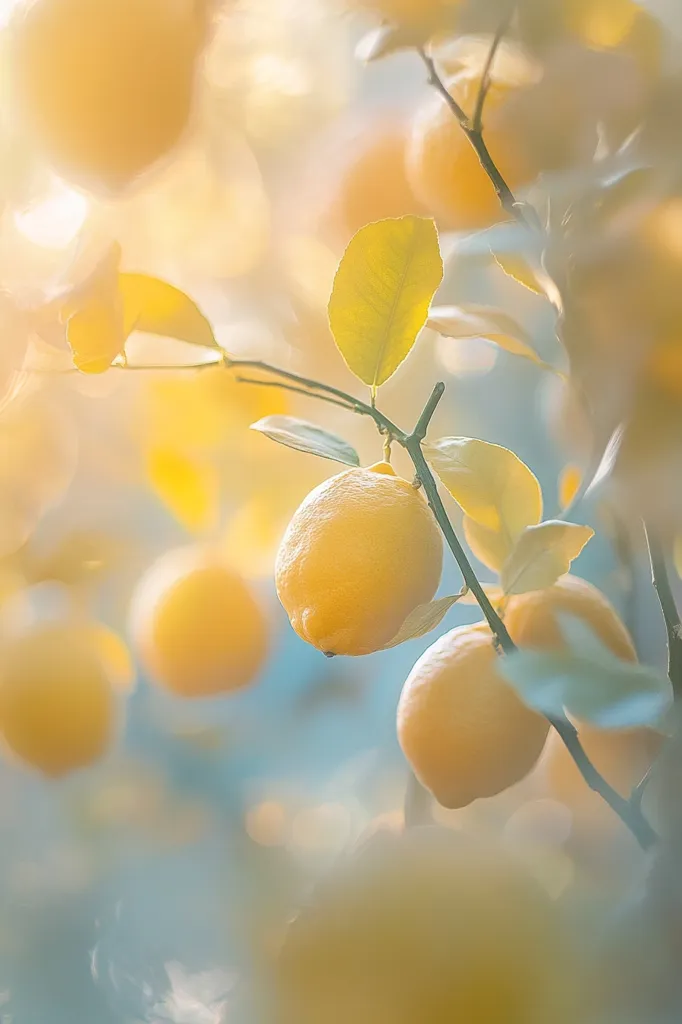 A dreamy, soft-focus image depicts ripe lemons hanging from a lemon tree branch.  Sunlight filters through the leaves, creating a warm, golden glow. The background is a gentle blur of more lemons and foliage, emphasizing the vibrant yellow of the fruit in the foreground.  The overall mood is peaceful and serene, evoking a sense of summer and tranquility.