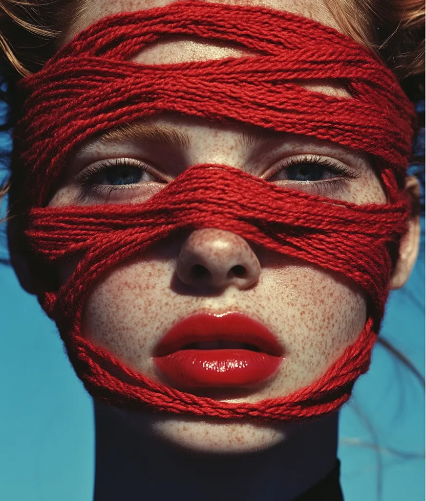 Close-up of a freckled woman's face partially obscured by thick red yarn wrapped around her eyes and lower face.  Her bright red lipstick is visible, contrasting against her pale skin. The yarn creates a striking visual effect against the vibrant blue background.  The image is bold and artistic, hinting at a concept of concealment or mystery.