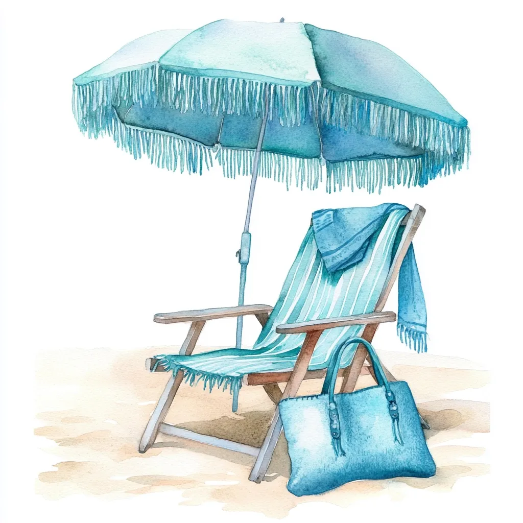 A watercolor painting depicts a serene beach scene. A light teal beach umbrella with fringe casts shade over a wooden deck chair draped with a matching striped towel.  A teal handbag rests on the sand beside the chair, completing the tranquil summer tableau.  The sandy beach is subtly suggested in the background, enhancing the overall peaceful atmosphere.