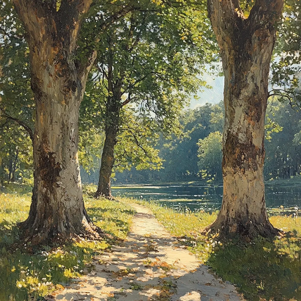 A sun-dappled path winds through a tranquil landscape, flanked by two majestic trees.  Their thick trunks dominate the foreground, shading the sandy path leading to a calm river. Lush green foliage lines the waterway, creating a serene and idyllic scene bathed in the warm light of a summer day.  The impasto style adds a textured quality to the painting.