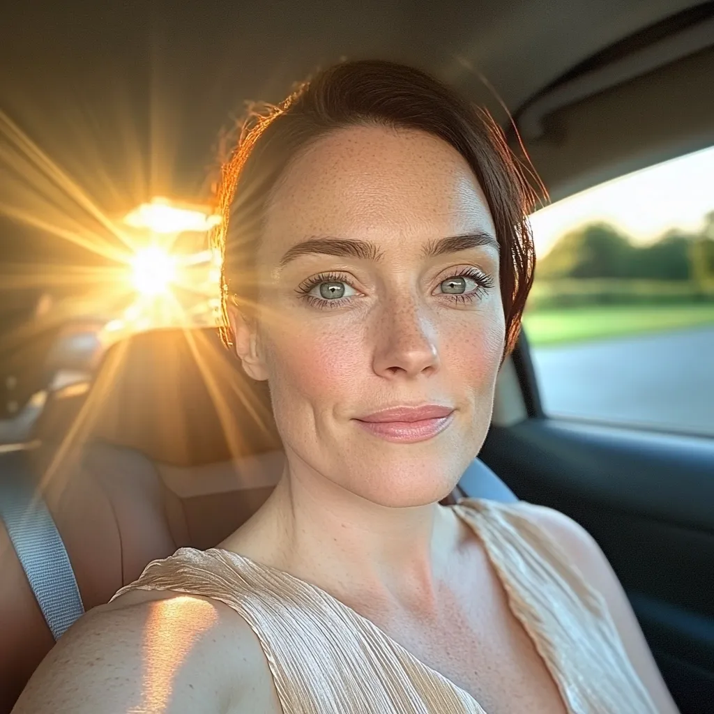 A woman with reddish-brown hair sits in a car, sunlight streaming in through the window behind her.  She's wearing a light beige sleeveless dress and looks directly at the camera with a gentle smile.  Her freckles are visible, and the sun creates a lens flare effect around her. The setting appears to be a road, with greenery visible outside the car window.