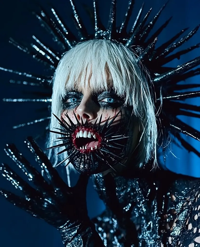 A person with platinum blonde hair and dark makeup is depicted.  They wear a large, spiky crown and a grotesque mouth covering adorned with sharp points, mimicking teeth and dripping with simulated blood.  The individual's hands are also covered in dark, textured gloves, contributing to the overall dark and edgy aesthetic. The background is a deep blue, enhancing the dramatic effect.