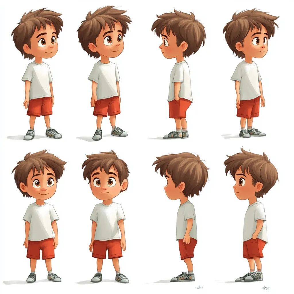An illustration shows eight different views of a cartoon boy.  He has brown hair and wears a white t-shirt and orange shorts.  The poses include front, back, and side profiles, showcasing his character design from various angles.  The style is cute and friendly, suitable for children's animation or illustration.  The boy's expression is pleasant and approachable in each pose.