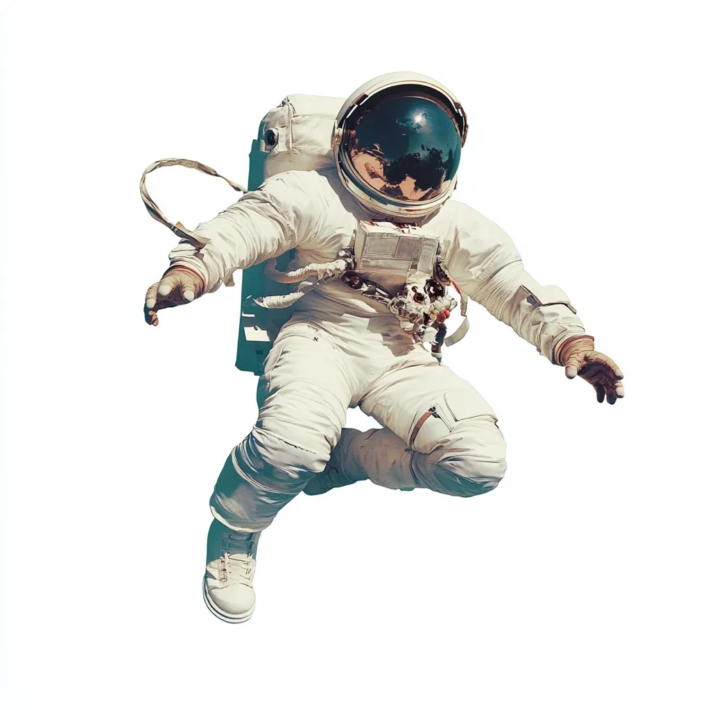 An astronaut in a white spacesuit floats in the void of space.  The suit is detailed, showing wear and texture. The astronaut's helmet reflects a glimpse of the cosmos. The image is isolated on a white background, emphasizing the astronaut's dynamic pose mid-air. The overall impression is one of exploration and the vastness of space.