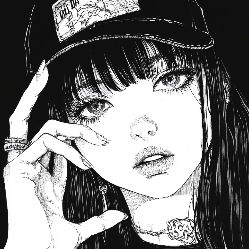 A black and white illustration of a girl with long, straight black hair, wearing a baseball cap and a choker necklace. Her expression is serious, and she is touching her face with one hand.  The style is detailed and reminiscent of manga, with heavy use of shading and linework to create depth and texture.  Her eyes are large and expressive, drawing the viewer's focus to her face.