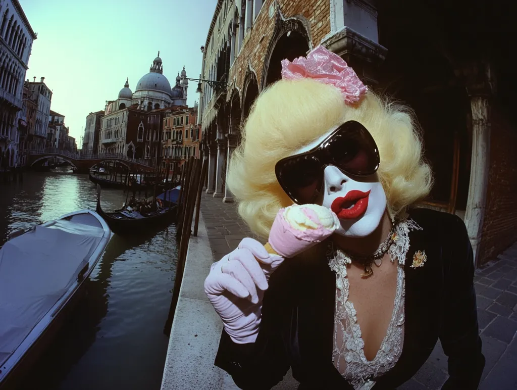 A blonde woman in Venice, wearing large sunglasses, a pink flower in her hair, and white gloves, enjoys an ice cream cone.  Her face is painted white with red lips.  She is dressed in a black velvet jacket and lacy top. Gondolas and canals of Venice form a picturesque background. The image has a vibrant, slightly surreal quality.