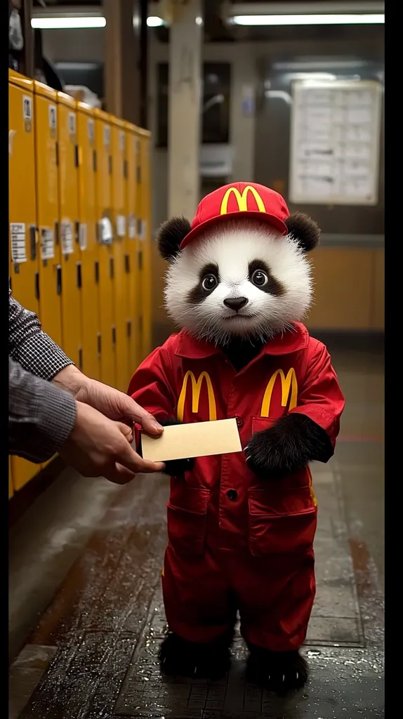 A panda wearing a McDonald's uniform stands in a corridor of yellow lockers.  It's holding a tan rectangular object, possibly an order slip, while a person's hands hand it to the panda. The panda's expression is neutral and somewhat serious. The setting appears to be indoors, possibly a fast food restaurant's back-of-house area.