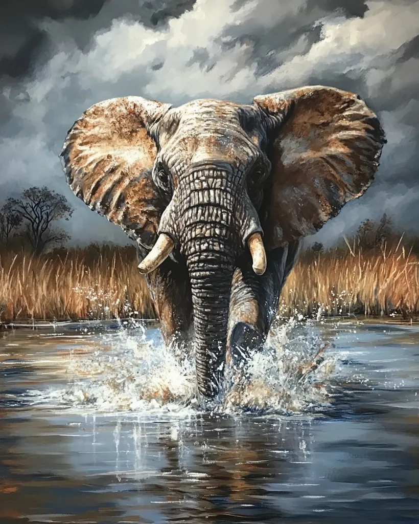 A majestic African elephant powerfully strides through a shallow river, its large ears and tusks prominent against a stormy sky.  The water splashes around its legs, creating a dynamic scene.  Dry, golden grasses line the riverbanks, completing the wildlife setting. The painting's dramatic use of light and shadow emphasizes the elephant's strength and presence.