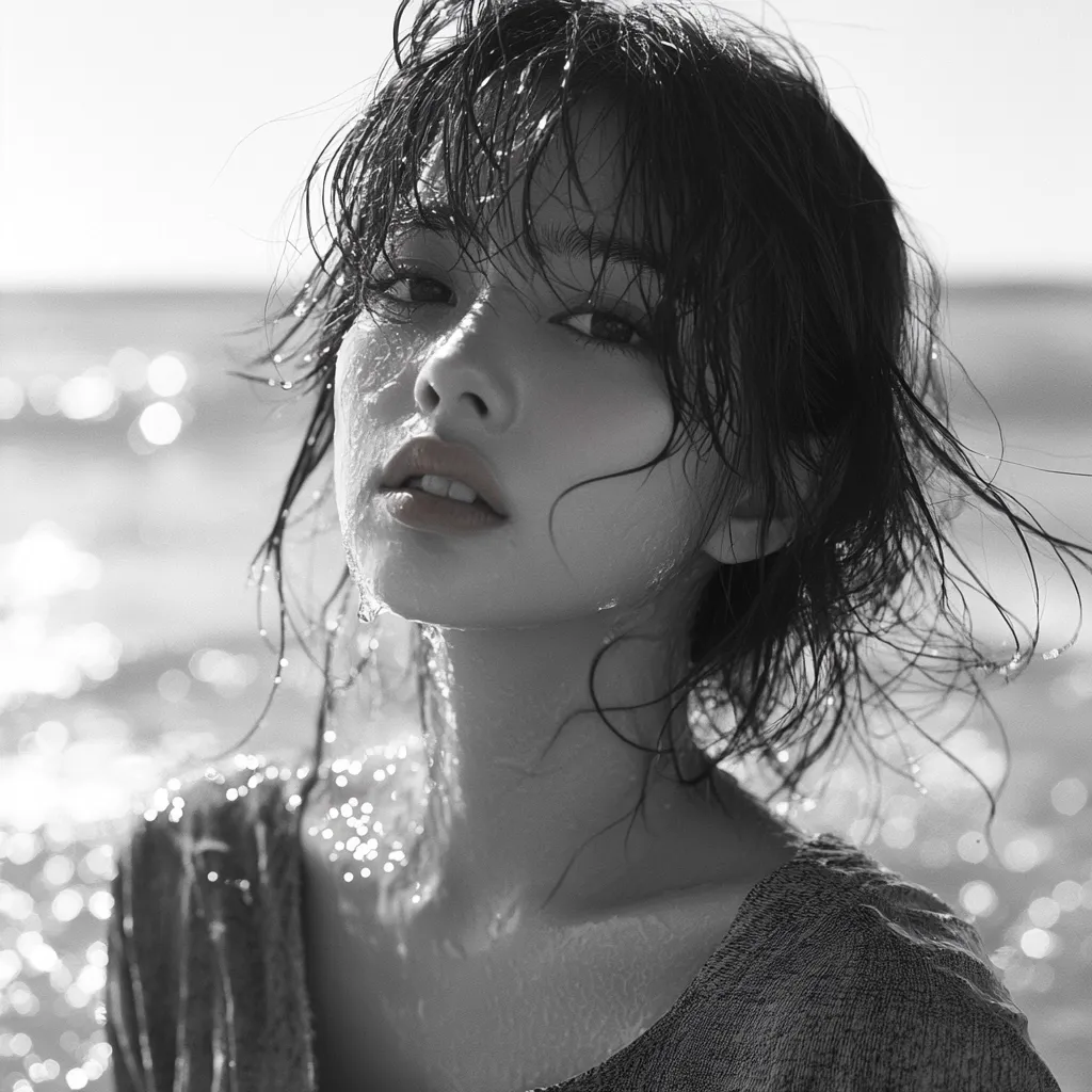 A black and white close-up portrait of a young woman with wet hair. Water droplets cling to her skin and hair, reflecting the sunlight. She gazes directly at the camera, her expression serene yet slightly pensive.  Her dark hair is tousled, framing her face.  The background is blurred, suggesting a beach or body of water. The overall mood is one of quiet beauty and natural elegance.