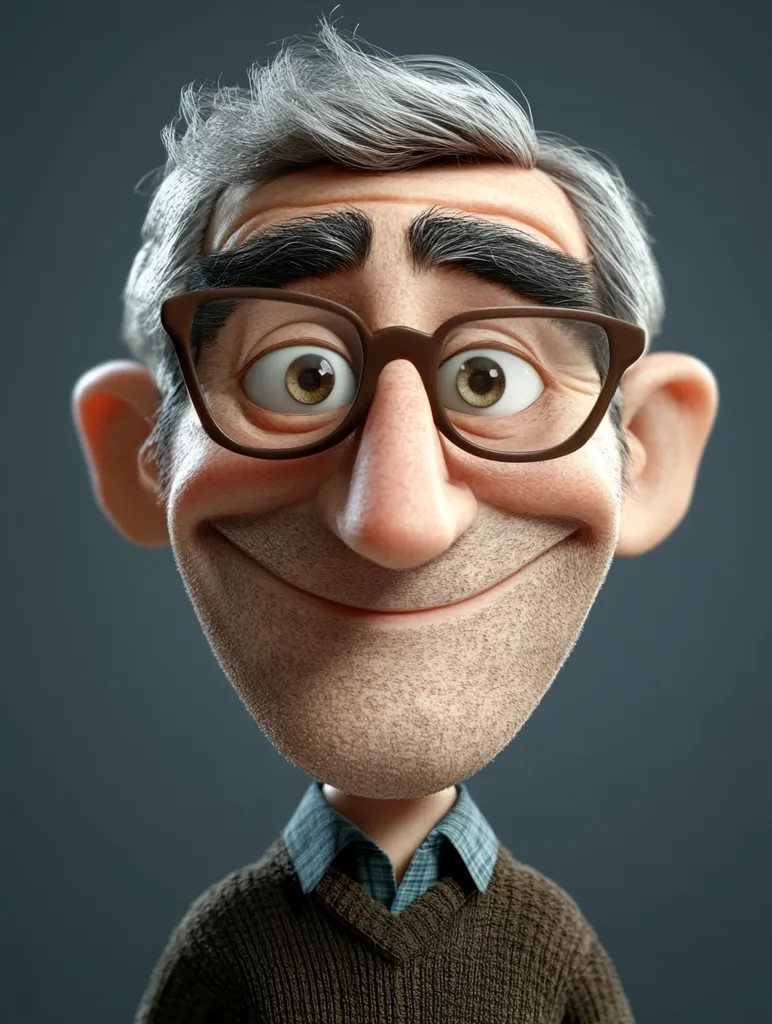 A 3D-rendered cartoon depiction of a friendly, older man.  He has graying hair, dark-rimmed glasses, and a warm, broad smile. His features are exaggerated for comedic effect, with a large nose and prominent chin. He's wearing a brown v-neck sweater over a collared shirt, giving a comfortable and approachable impression. The image is highly detailed, showcasing realistic texturing on his skin and clothing.