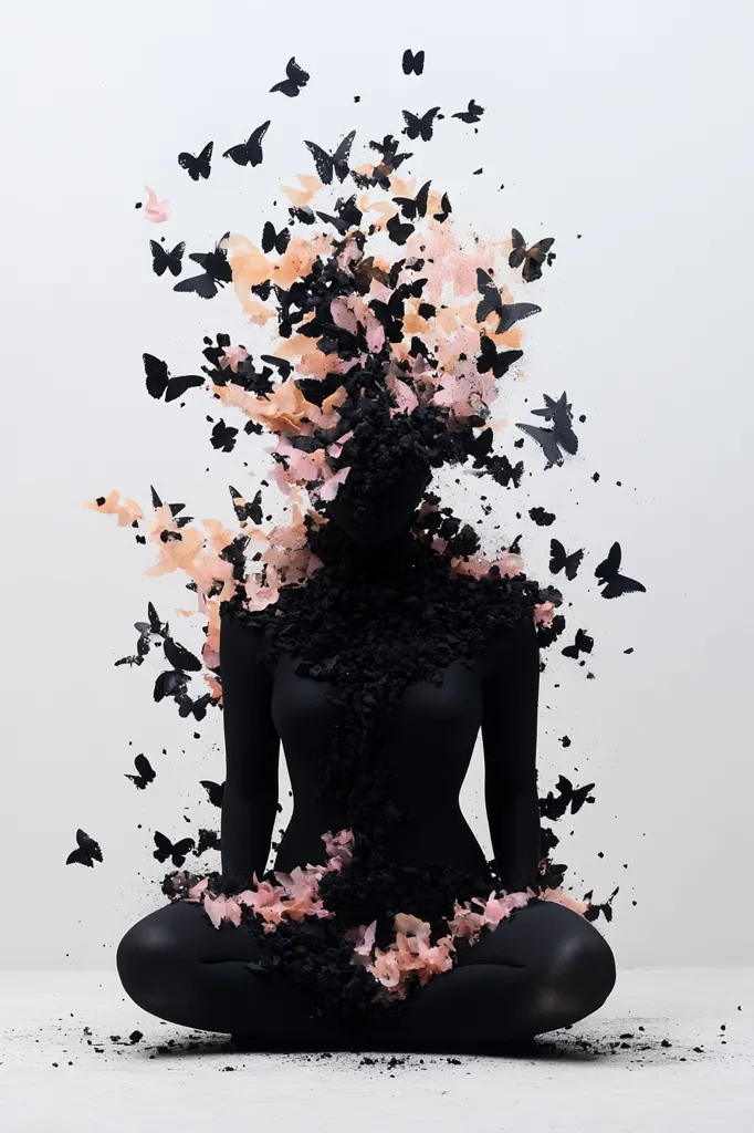 A surreal image depicts a black figure in a meditative pose, covered in dark, crumbly material and surrounded by a flurry of black and pale pink butterflies.  The butterflies appear to emanate from and merge with the figure, creating a sense of transformation or disintegration. The overall mood is melancholic and enigmatic.