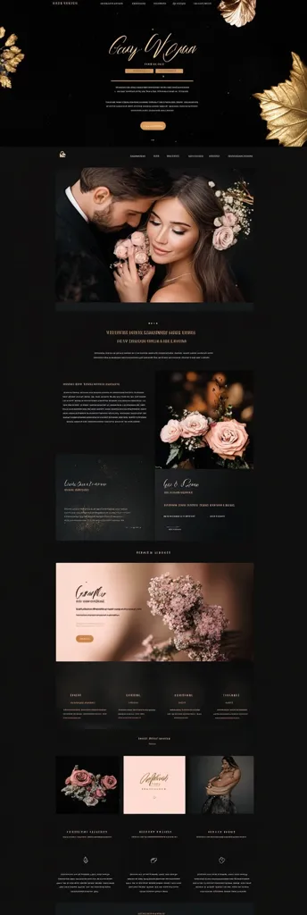 This is a wedding website for Gray & Juan, showcasing elegant photography and design.  The dark background contrasts beautifully with rose gold accents and floral imagery.  The site includes sections for wedding stories, the couple's style, venue details, and contact information.  High-quality images highlight the couple and floral arrangements.  The overall aesthetic is sophisticated and romantic.