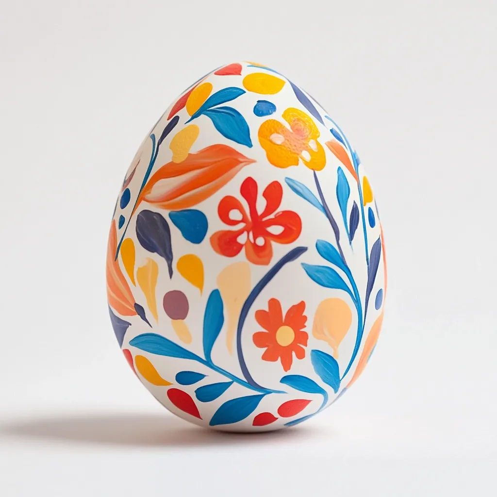 A vibrant Easter egg, painted white, is adorned with a hand-painted floral design.  Bold colors of orange, red, yellow, and blue create a lively pattern of stylized flowers and leaves. The egg sits on a white background, its surface smooth and glossy, showcasing the intricate details of the artwork.  The overall effect is cheerful and festive.