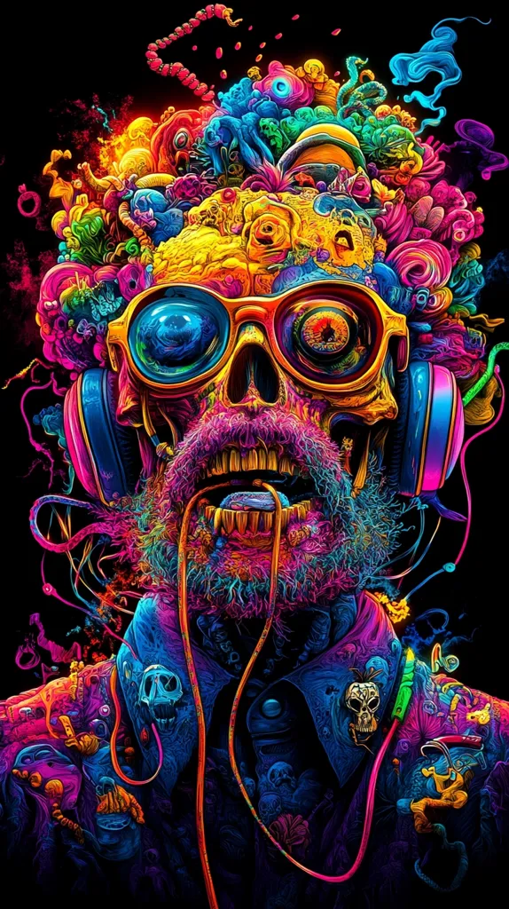 A vibrant, psychedelic artwork depicts a skull-like figure with a colorful beard and oversized sunglasses.  The skull wears headphones, and its head is adorned with a chaotic explosion of surreal, biomorphic forms in bright hues of pink, blue, yellow, and orange.  Intricate details and organic textures create a sense of frenetic energy and surrealism. The overall aesthetic is bold, energetic, and visually captivating.