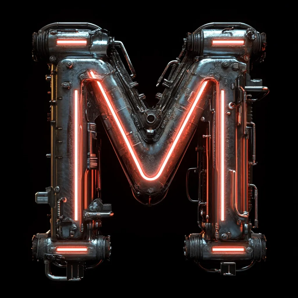 The letter 'M' is depicted in a futuristic, steampunk style.  Constructed from dark metal with a heavily textured, industrial appearance, it features vibrant orange neon lights tracing its form.  The design incorporates intricate mechanical details, suggesting complex internal workings. The overall effect is a striking, high-contrast image against a black background.