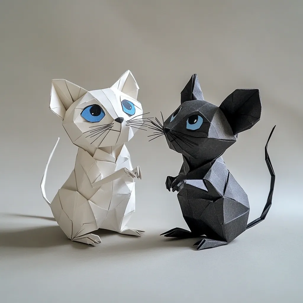 A white origami kitten and a black origami mouse are posed side-by-side.  Both animals are meticulously crafted with folded paper, exhibiting a striking geometric design.  They possess large, bright blue eyes, adding a touch of whimsy to their angular forms.  The contrast between their colors and the neutral background enhances their visual appeal.