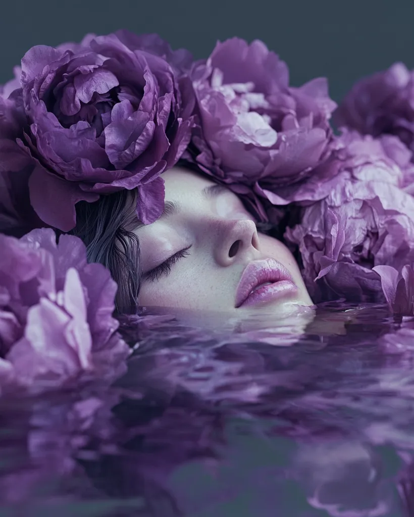 A young woman with her eyes closed rests serenely in water, her face partially submerged.  She is adorned with a crown of lush, purple peonies, their petals softly surrounding her head and shoulders. The overall image is dreamlike and evocative, emphasizing tranquility and the beauty of nature.  The purple tones create a calming and mysterious atmosphere.