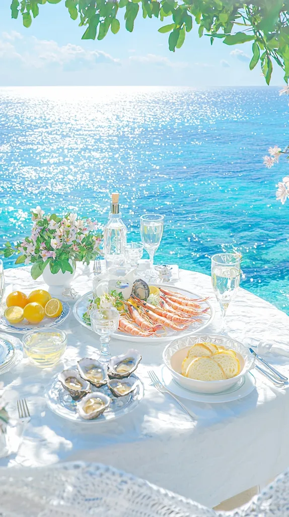 A seaside table is set for a luxurious meal.  A platter of grilled prawns takes center stage, surrounded by oysters, bread, lemons, and wine glasses.  A bouquet of white flowers adds a touch of elegance. The turquoise ocean shimmers in the background, framed by lush green foliage, creating a breathtakingly idyllic scene.  Sunlight glistens on the water, enhancing the overall feeling of serenity and exquisite dining.